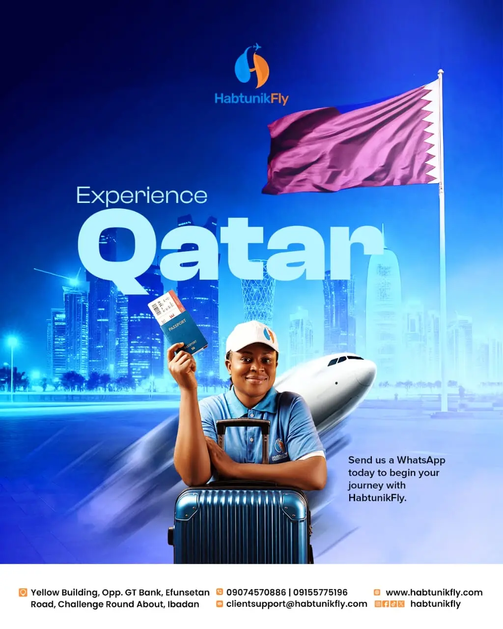 Experience Qatar flyer — traveller with a passport and suitcase in front of the Doha skyline and Qatari flag