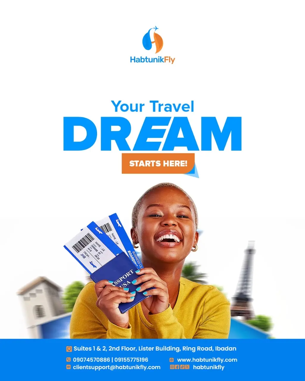 Your Travel Dream Starts Here flyer — smiling woman holding a passport and boarding passes