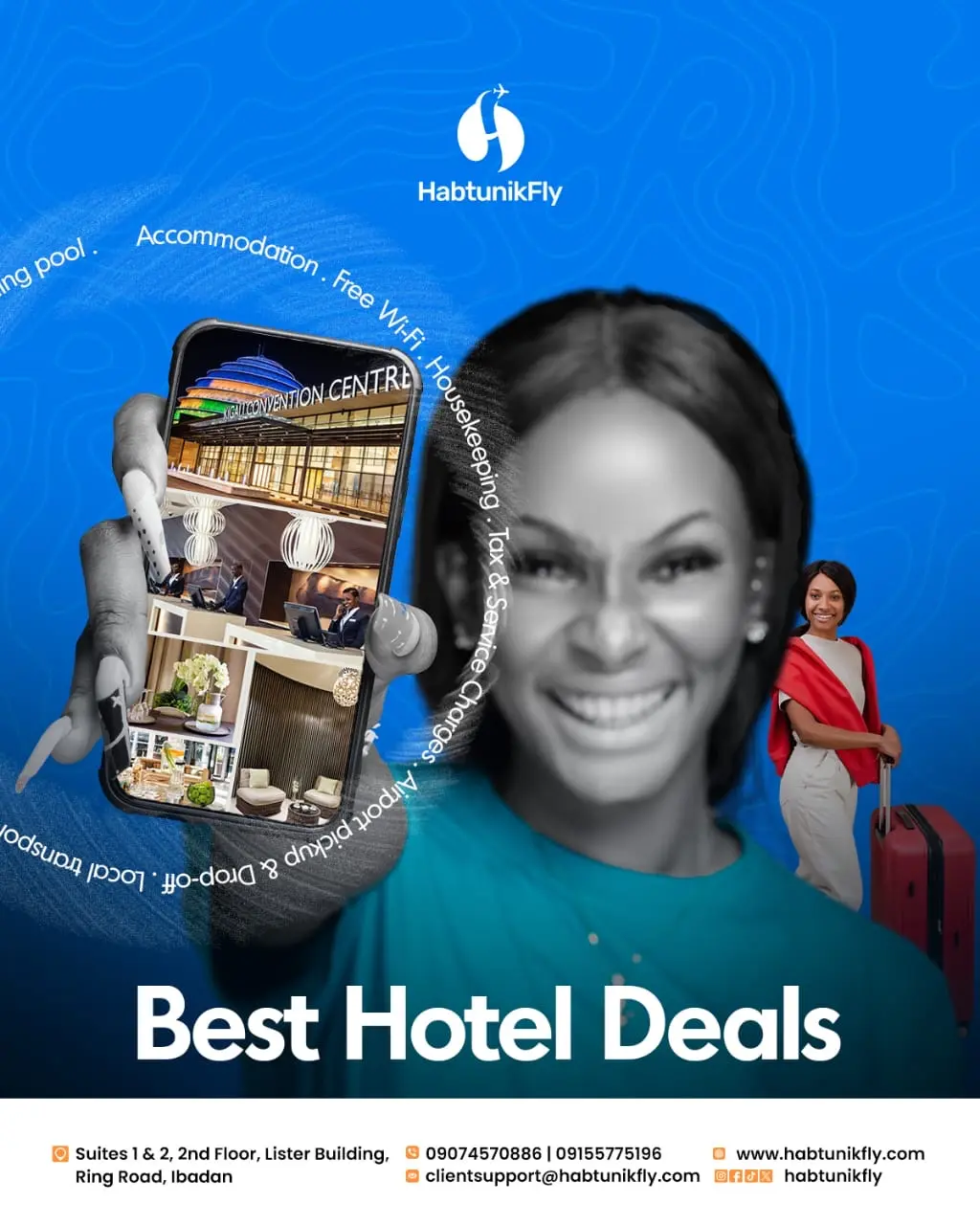 Best Hotel Deals flyer — smiling woman holding a phone showing a hotel lobby