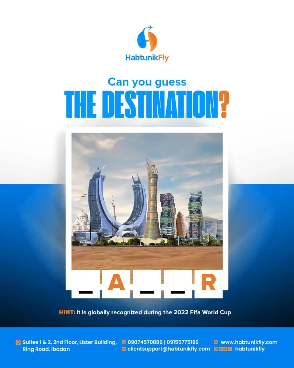 Can you guess the destination? flyer showing the Doha skyline