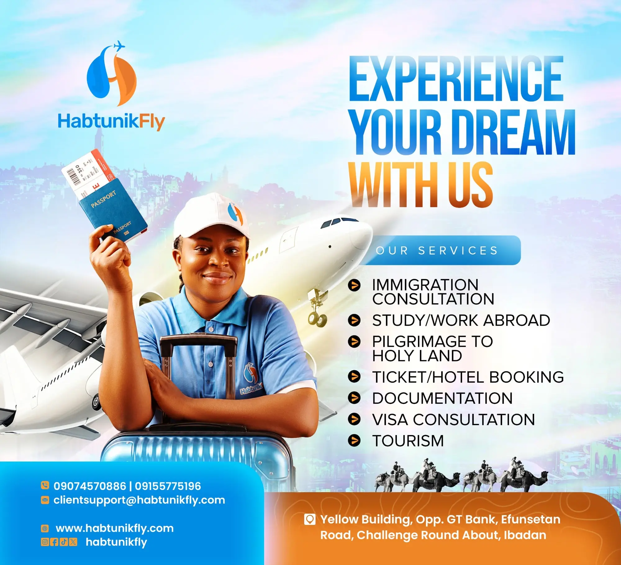 HabtunikFly services flyer: immigration consultation, study and work abroad, pilgrimage to the Holy Land, ticket and hotel booking, documentation, visa consultation and tourism