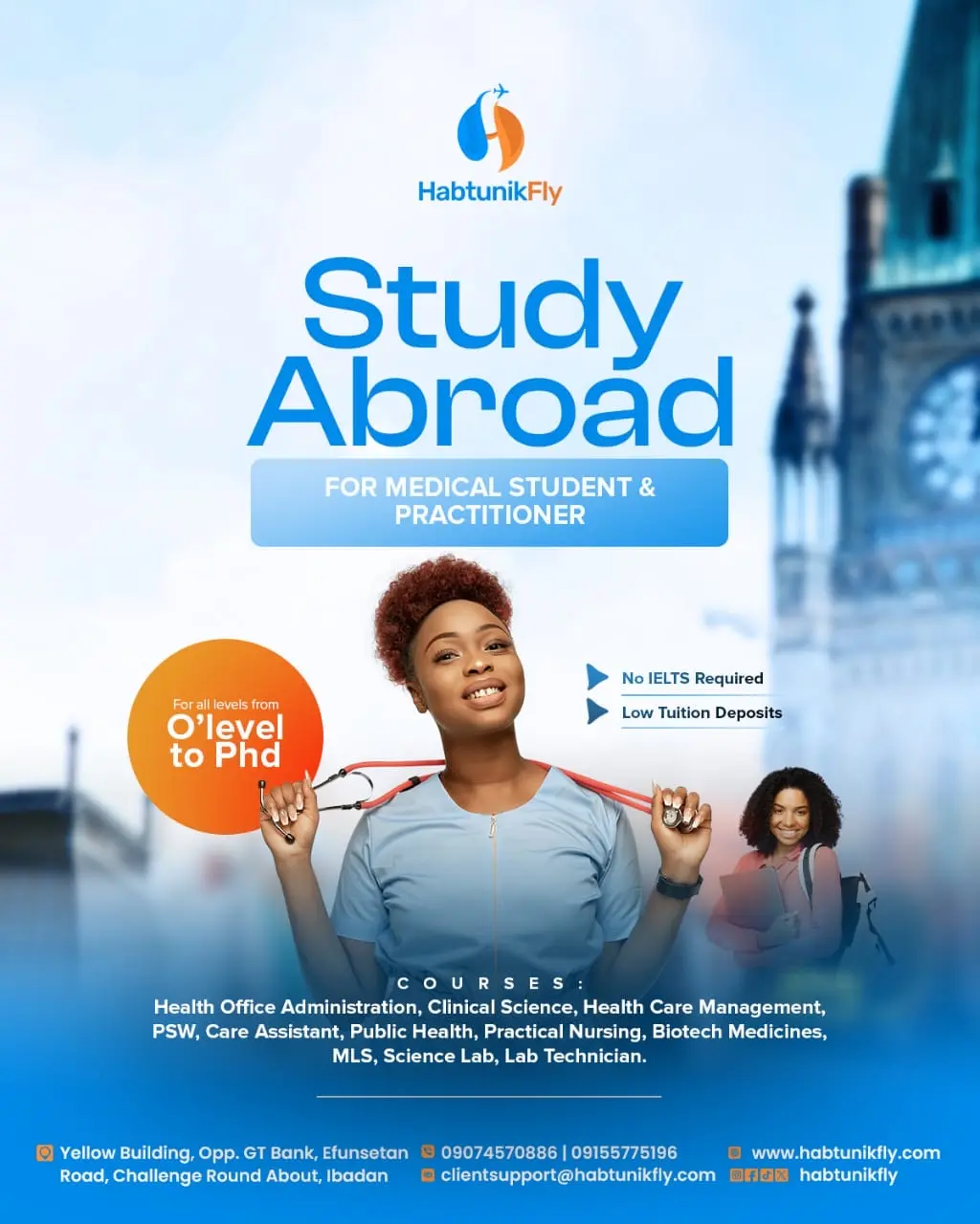 Study Abroad for Medical Students & Practitioners flyer — student in scrubs holding a stethoscope