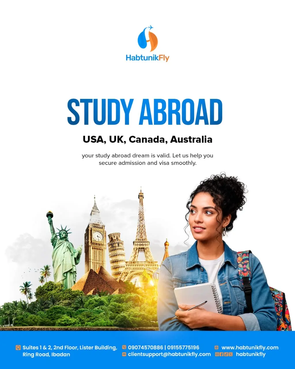 Study Abroad flyer — student with a notebook beside world landmarks