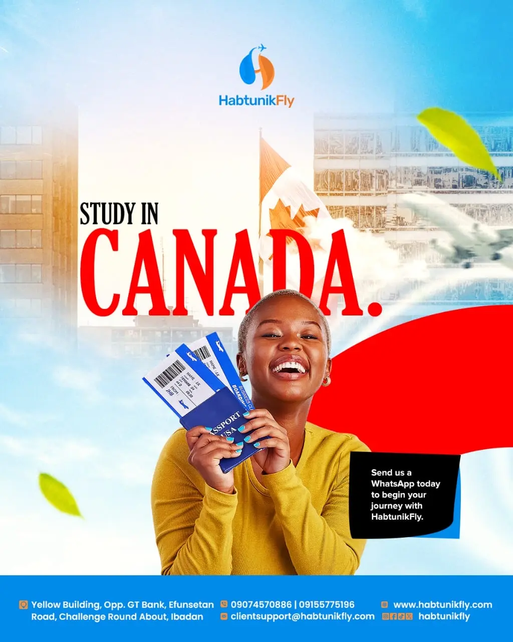 Study in Canada flyer — smiling student holding a passport and boarding passes in front of the Canadian flag
