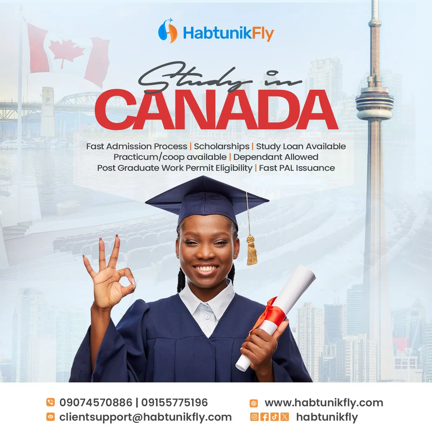 Study in Canada flyer — graduate in front of the Toronto skyline