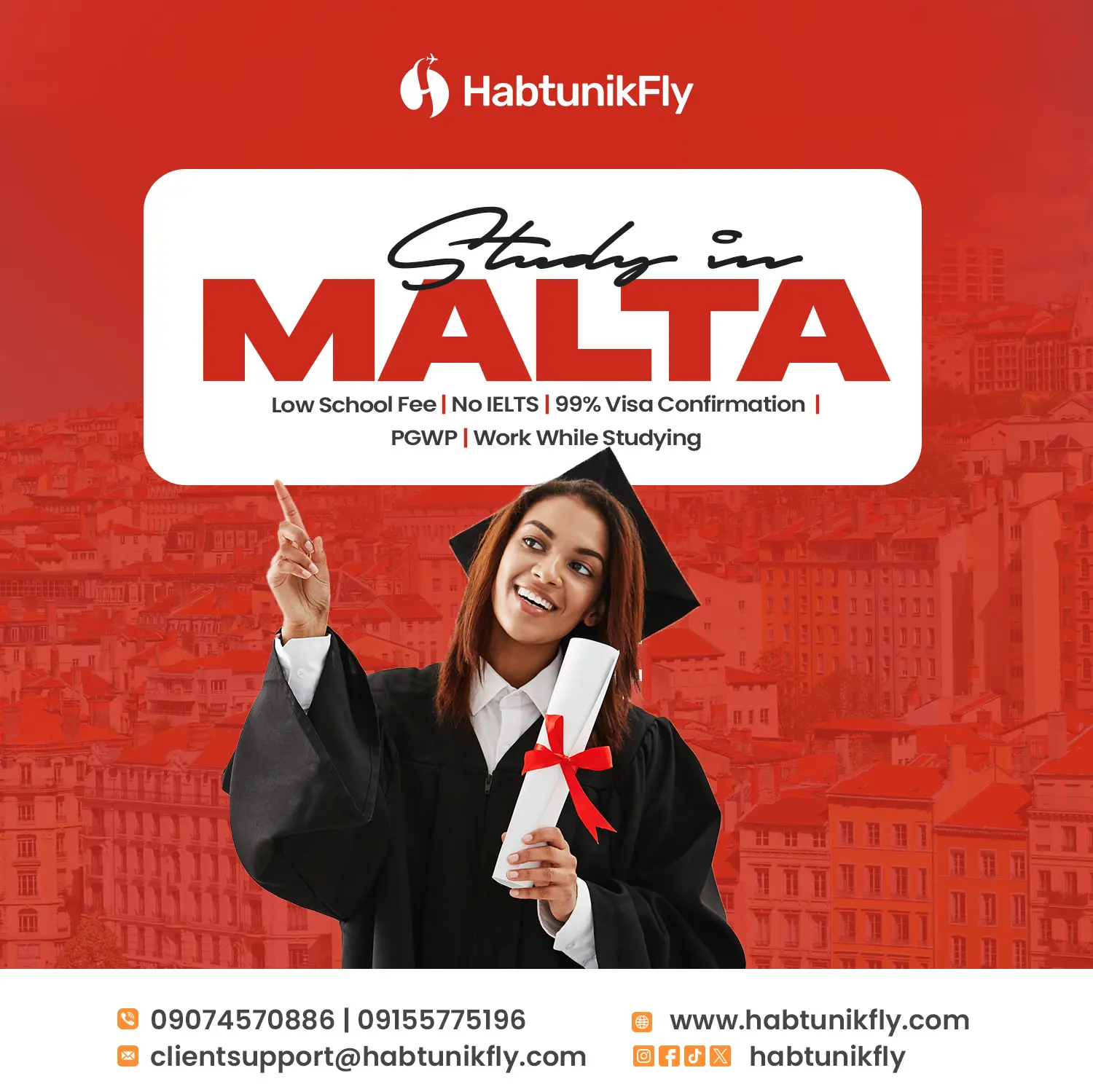Study in Malta flyer — smiling graduate holding a certificate