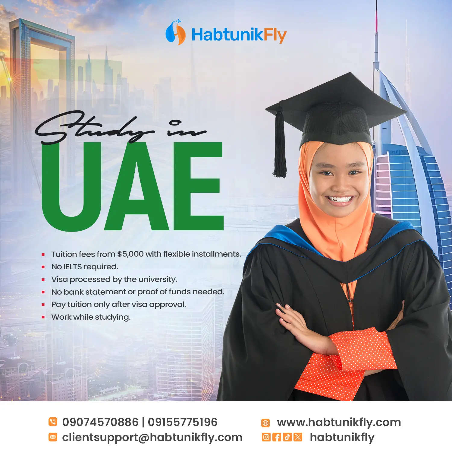 Study in UAE flyer — graduate in front of the Dubai skyline