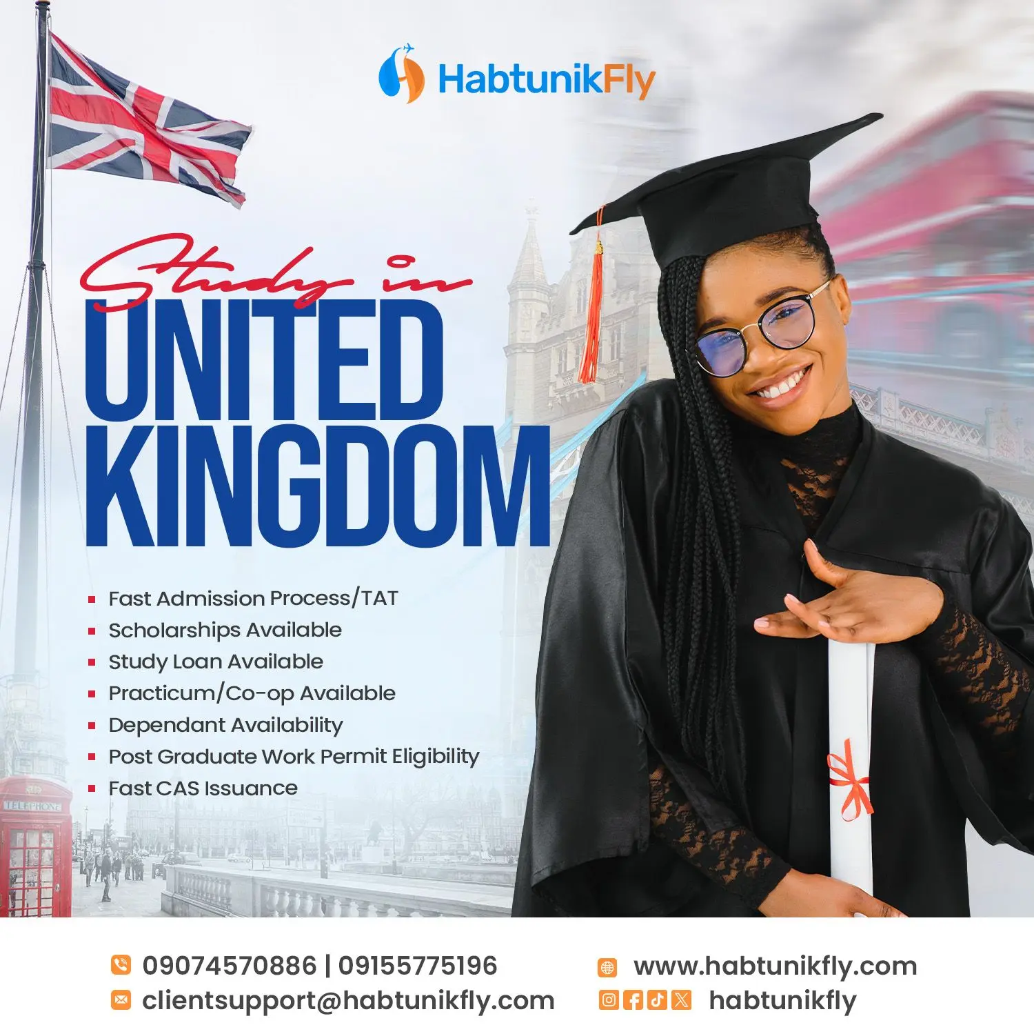 Study in the United Kingdom flyer — graduate in London