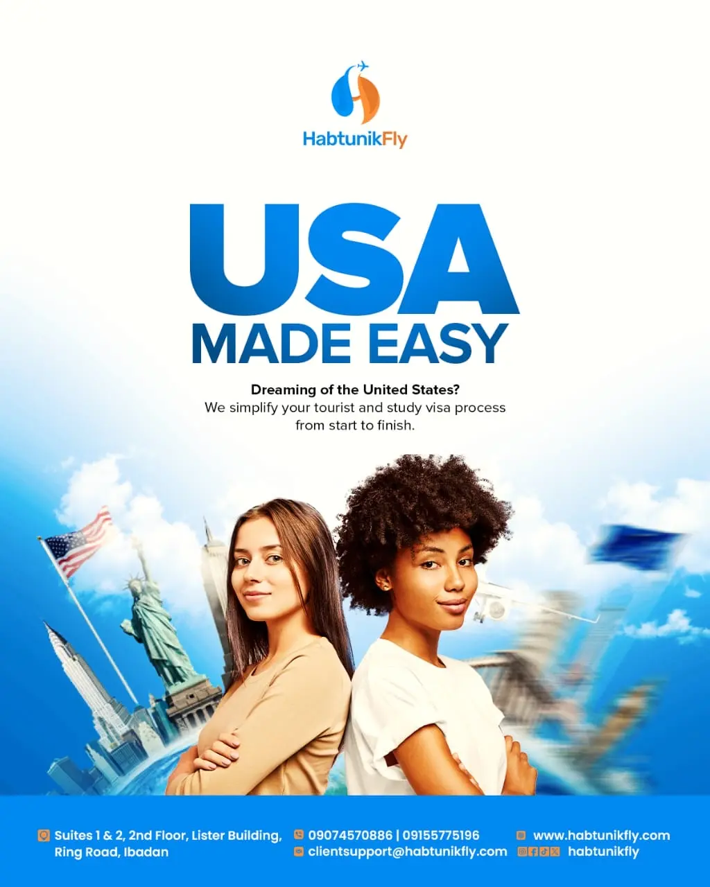 USA Made Easy flyer — two young women in front of the Statue of Liberty and the American flag